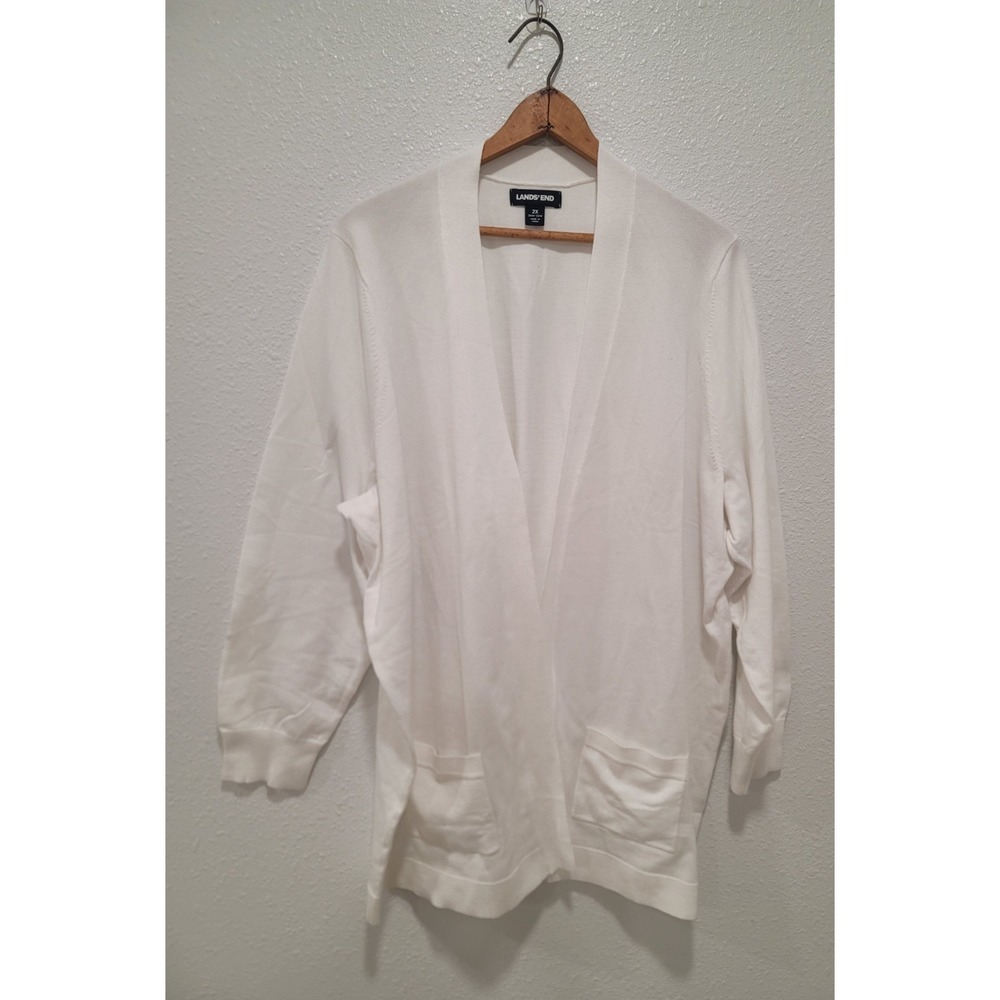 Lands End Snow White Cardigan Sweater Button Up 2x over the bottom long